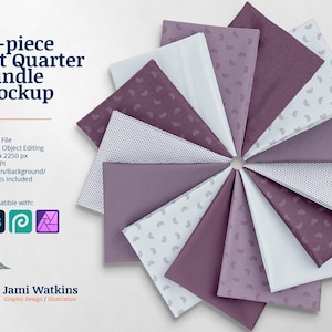 May include: A mockup of 14 fat quarter fabric squares in shades of purple and white with various patterns. The fabric squares are arranged in a circle on a white background. The text "14-piece Fat Quarter Bundle Mockup" is at the top of the image.