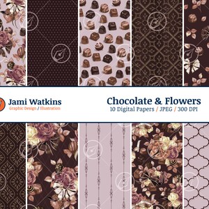 Conjunto de papel digital de chocolate e flores (10), padrão de trufas de chocolate sem costura