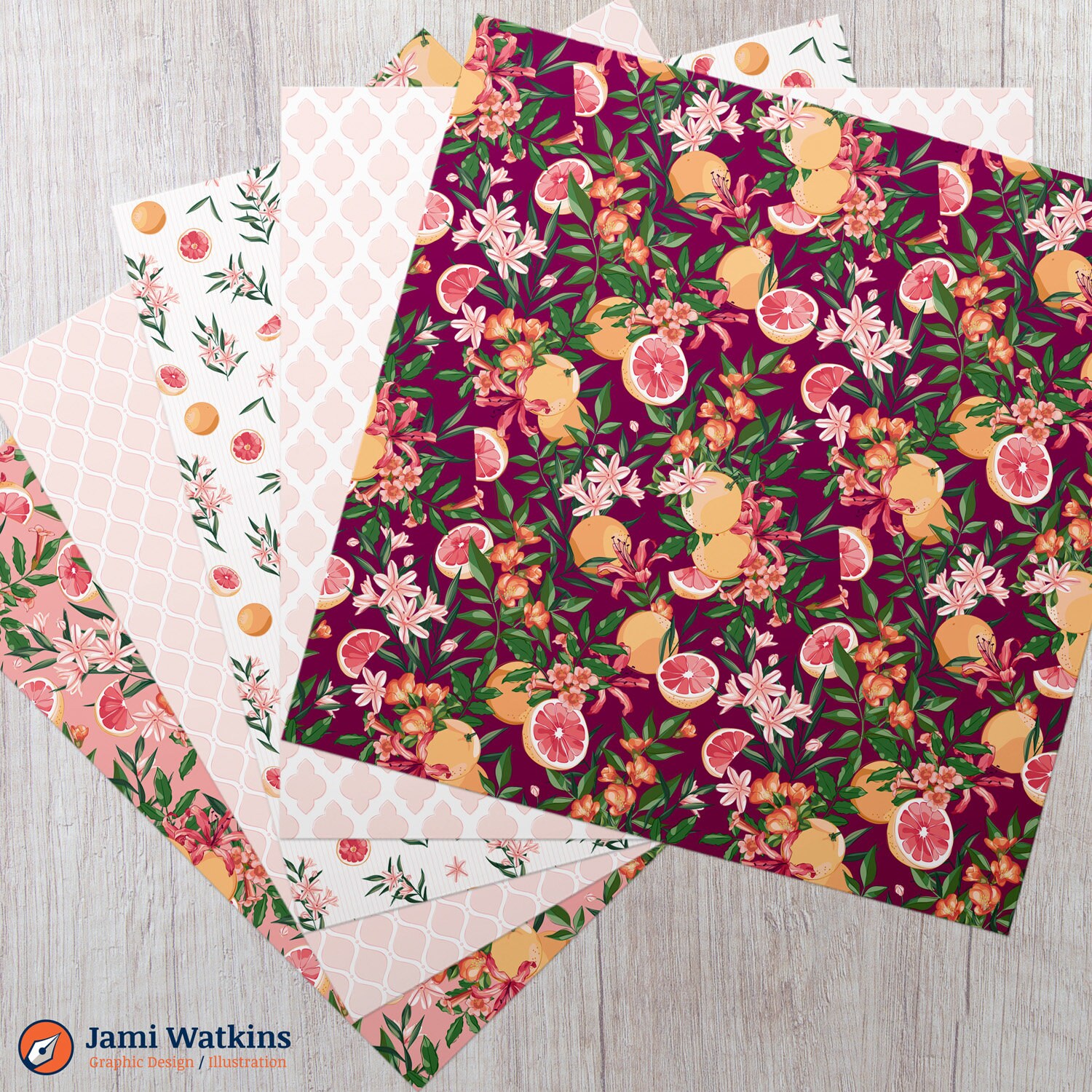 Pink Grapefruit Digital Paper Set (10), Citrus Fruit and Floral Pattern ...