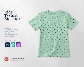 May include: A green t-shirt mockup with a palm tree pattern. The t-shirt is laying flat on a white background. Kids' T-shirt Mockup.