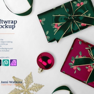 May include: Gift wrap mockup featuring two presents wrapped in green and red patterned paper with green satin ribbon bows. The presents are on a white background with gold glitter and red and pink ornaments.