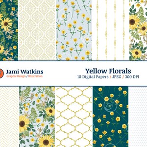 Yellow Florals Digital Paper Set (10), Seamless Buttercup Pattern