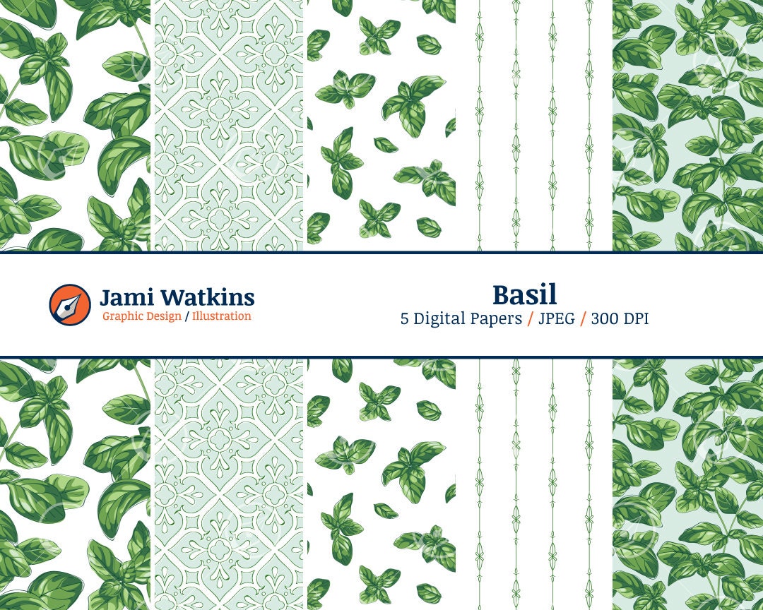 Basil Digital Paper Set (5), Essential Oils Pattern, Botanical ...