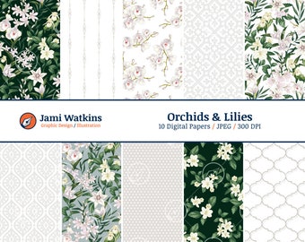 May include: A digital paper pack featuring 10 floral patterns with orchids and lilies. The patterns include white orchids on a white background, white lilies on a dark green background, and a white and gray geometric pattern.