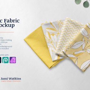 以下が含まれることがあります： モックアップディスプレイに4つの生地見本。見本は黄色で、それぞれ異なるパターンになっています。水玉模様、ジグザグ模様、花柄、葉柄。見本は積み重ねられており、水玉模様の見本が下、葉柄の見本が上になっています。