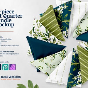 May include: A mockup of 12 fat quarter fabric squares in various green and white patterns. The fabric squares are arranged in a circle and are ready to be used for quilting or other craft projects. The text "12-piece Fat Quarter Bundle Mockup" is at the top of the image.