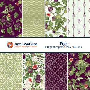 Feigen Digitales Papier Set (8), Nahtlose Feigenmuster, Obst- und Blumenmuster
