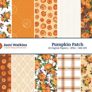 Peut inclure: Dix papiers numériques avec différents motifs de citrouilles. Les motifs comprennent des citrouilles avec des feuilles, des pois, un motif chevron, du tartan et un motif damassé. Les papiers sont en 300 DPI et sont parfaits pour l'artisanat et les projets numériques.