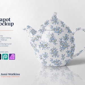 May include: A white teapot with a blue floral pattern. The teapot is sitting on a white surface. The image is a mockup for a teapot.