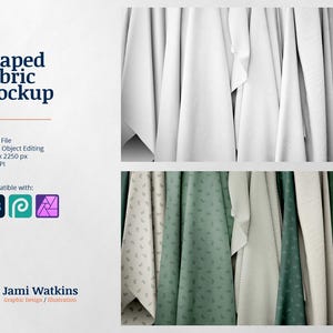 以下が含まれることがあります： 白い布と緑色の模様の布がドレープされたモックアップ。画像には「Draped Fabric Mockup」というテキストが含まれています。