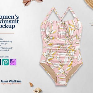 May include: A pink swimsuit with a floral pattern. The swimsuit has a halter neck strap and a criss-cross back.