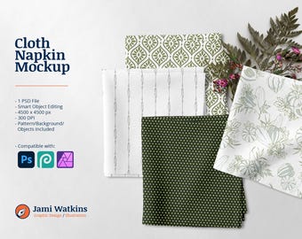 May include: Mockup of four cloth napkins with different patterns. The napkins are folded and arranged on a white surface. The patterns include a green and white geometric design, a white and gray striped design, a dark green polka dot design, and a white design with green botanical illustrations. The text "Cloth Napkin Mockup" is at the top of the image.