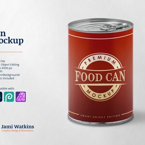 Może przedstawiać: Makieta czerwonej puszki z jedzeniem z złotą etykietą, na której widnieje napis "PREMIUM FOOD CAN MOCKUP". Puszka ma 4500 x 4500 pikseli i 300 DPI. Jest to obiekt inteligentny, dzięki czemu możesz łatwo dodać własny projekt.