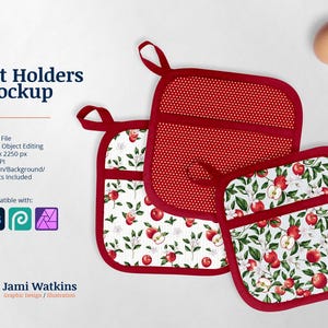 May include: Two red pot holders with a white background and a pattern of green leaves and red apples. One pot holder has a red mesh pattern. The text "Pot Holders Mockup" is in the top left corner of the image.