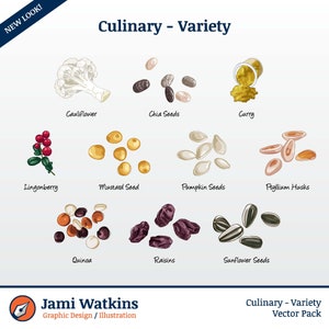 May include: A digital illustration of various culinary ingredients, including cauliflower, chia seeds, curry, lingonberry, mustard seed, pumpkin seeds, psyllium husks, quinoa, raisins, and sunflower seeds. The illustration is in a cartoon style and features a light blue background.