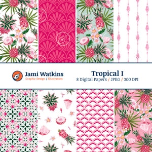 Tropical I Digital Paper Set (8), Pink Pineapple Seamless Pattern