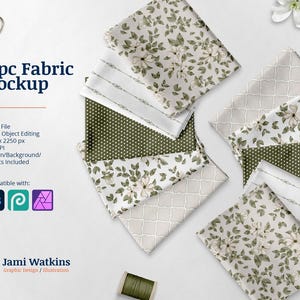 Könnte beinhalten: Ein Mockup von 10 Stoffmustern mit verschiedenen Mustern. Die Muster sind in einem Kreis auf weißem Hintergrund angeordnet. Die Stoffmuster umfassen florale, geometrische und gepunktete Designs. Der Text "10pc Fabric Mockup" befindet sich oben im Bild.