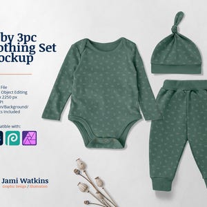 May include: A three-piece baby clothing set mockup featuring a green bodysuit, pants, and a hat. The clothing has a small, repeating pattern of leaves. The mockup is on a white background.