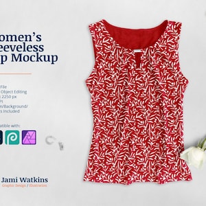 May include: Red sleeveless top mockup with a white floral pattern. The top has a keyhole detail at the neckline. The mockup is on a white background.