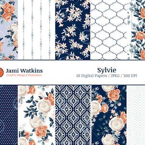 May include: Ten digital papers showcasing floral and geometric designs. The patterns include roses, small flowers, and abstract shapes in orange, white, and navy blue. The image also displays the text "Sylvie" and "Jami Watkins Graphic Design / Illustration".