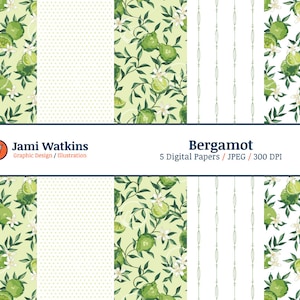 Bergamot Digital Paper Set (5), Essential Oils Pattern, Botanical Background, Citrus