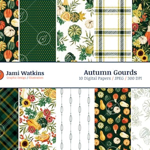 Könnte beinhalten: Ein digitales Papierpaket mit 10 verschiedenen Mustern mit Herbstkürbissen, Sonnenblumen, Karos und anderen Herbstmotiven. Das Paket trägt den Titel "Autumn Gourds" und enthält den Text "10 Digital Papers / JPEG / 300 DPI".