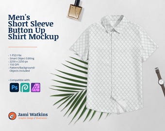 Men's Short Sleeve Button Up Shirt PSD Mockup Template, Photoshop Smart Object Editing