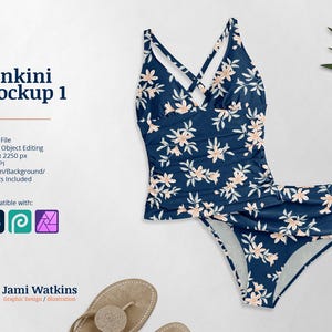 May include: A blue and white floral tankini swimsuit mockup. The tankini top has a criss-cross strap design and the bottom is a high-waisted bikini bottom.