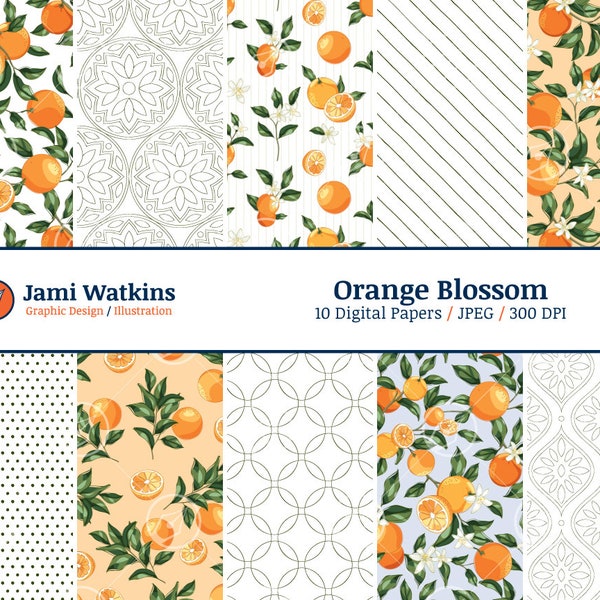 Ensemble de papier numérique fleur d'oranger (10), motif agrumes, papier peint oranger