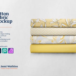 May include: A mockup of four different cotton fabric swatches. The swatches are stacked on top of each other and feature a variety of patterns, including floral, chevron, and geometric designs. The fabrics are all in shades of yellow and white.