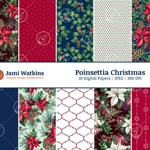 Ensemble de papier numérique de Noël poinsettia (10), motif de vacances d'hiver sans couture, imprimé floral de Noël