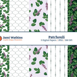 Patchouli Digital Paper Set (5), Essential Oil Pattern, Botanical Background