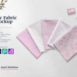 May include: Five pink fabric swatches with different patterns, including a chevron, polka dot, and floral design. The swatches are arranged on a white surface with a spool of thread and scissors.