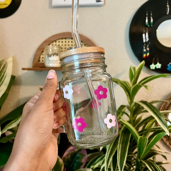 pink floral glass mug! | glass cup | iced coffee cup | tea glass | cute cup | glass mug |Valentine’s Day | floral glass | mason jar