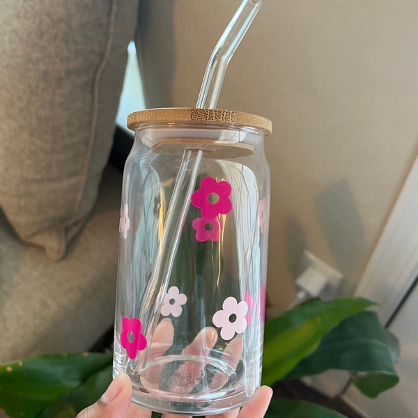 pink flower can cup | glass cup | cute cup | iced coffee cup | cute drink glass | drinking glass