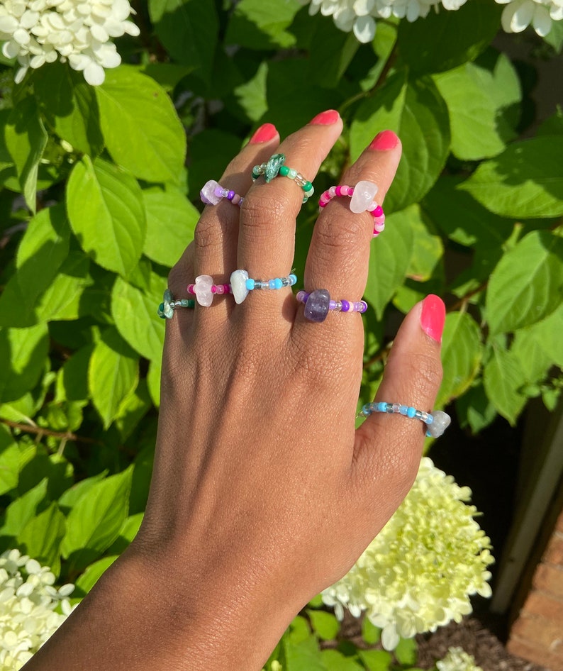 Beaded gemstone rings gemstones colorful stone rings rings beads adjustable rings gift ideas gifts for ring lovers for her image 3