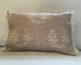 Handmade Linen Cushion Cover: Peony and Sage Birdsong Fabric, Fan Trim