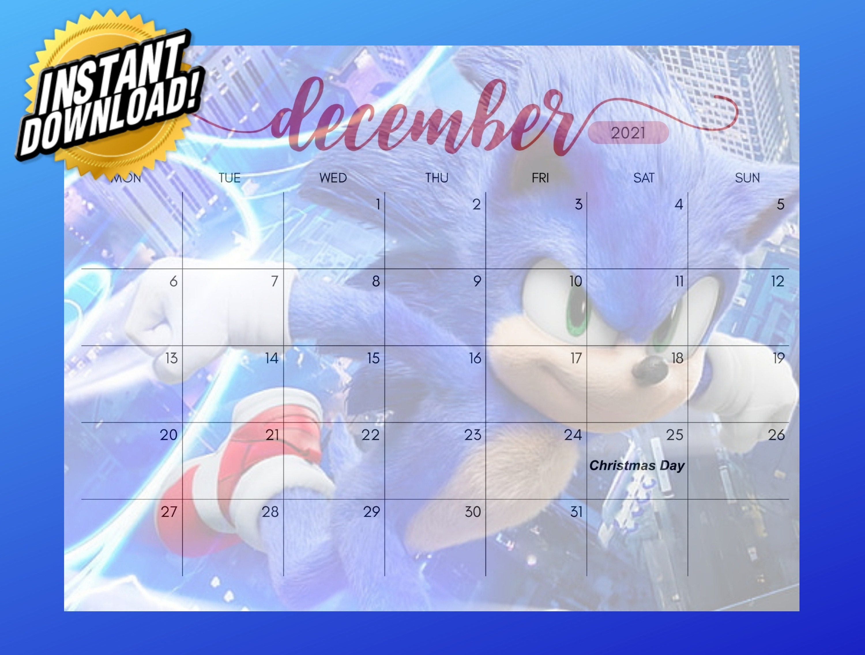 Sonic July December Digital/Printable calendar 2021 Etsy