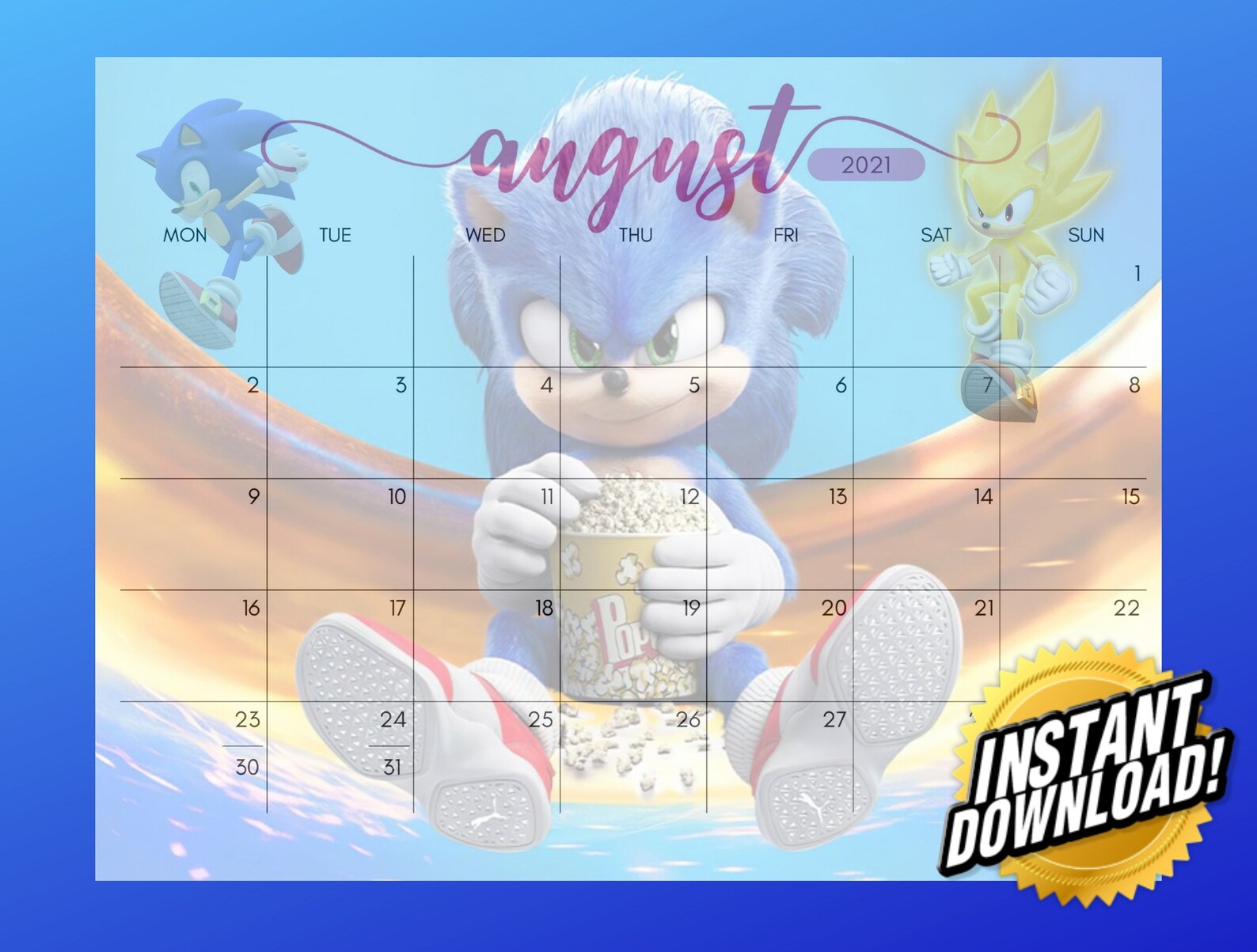 Sonic July December Digital/Printable calendar 2021 Etsy