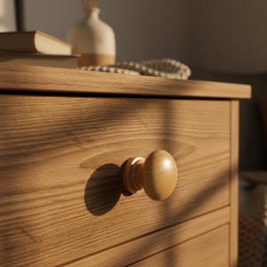 May include: Close-up of a wooden dresser with a round wooden knob. The dresser is made of light-colored wood with visible grain. The knob casts a shadow on the drawer. The overall theme is home decor.