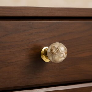 May include: A decorative cabinet knob with a clear, spherical resin design filled with seashells. The knob has a gold-colored base and is mounted on a dark brown wooden drawer. This coastal-themed hardware adds a unique touch to furniture.