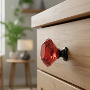 May include: Close-up of a wooden dresser with a faceted, red gem-shaped drawer pull. The pull has a black base and is mounted on a light-colored wooden drawer. The background is blurred, showing a room with a lamp and plants.