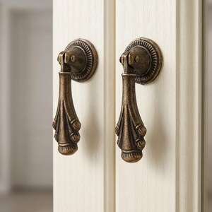 May include: Two antique bronze cabinet pulls. Each pull features a decorative circular backplate and a detailed, ornate handle. The handles have a teardrop shape with a textured, aged finish. The pulls are mounted on a cream-colored cabinet door.