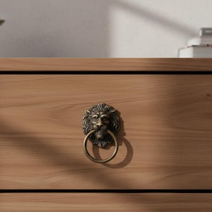 May include: A bronze lion head drawer pull with a ring handle. The pull is mounted on a wooden drawer, showcasing the intricate details of the lion's mane and facial features. The hardware adds a touch of vintage elegance.