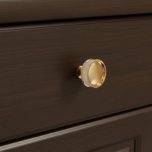 May include: A close-up of a gold cabinet knob with a textured, silver-colored band around the center. The knob is set against a dark brown wooden drawer front, showcasing its decorative design and hardware detail.