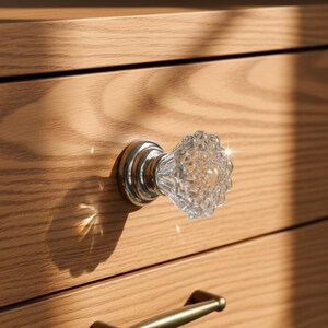 May include: Close-up of a clear glass knob with a textured, bubble-like design, mounted on a silver base. The knob is attached to a light-colored wooden drawer. A brass handle is visible at the bottom.