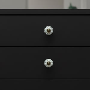 May include: Close-up of a black dresser with two drawers. Each drawer has a white and gold floral knob. The knobs are centered on the drawers. The dresser is a solid black color.