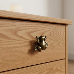 May include: A bronze-colored frog-shaped cabinet knob is mounted on a light-colored wooden drawer. The frog is detailed with visible eyes and webbed feet. The drawer is part of a wooden cabinet.