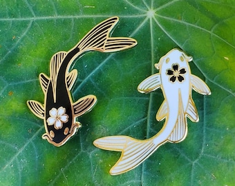 Yin and Yang Sakura Koi - Black and White Sakura Koi Hard Enamel Pins - Japanese Cherry Blossom Koi Fish Pins