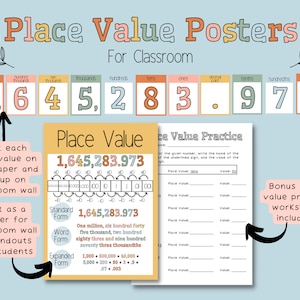 Place Value Posters for classroom, Upper Elementary, 5th grade, Boho Rainbow Aesthetic